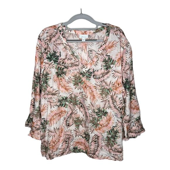 J Jill Love Linen Top Womens Extra Large Tropical Palm Print Lagenlook Vacation - Picture 1 of 15